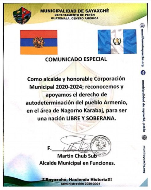 Муниципалитет города Саяхче в Гватемале признал право Арцаха на самоопределение